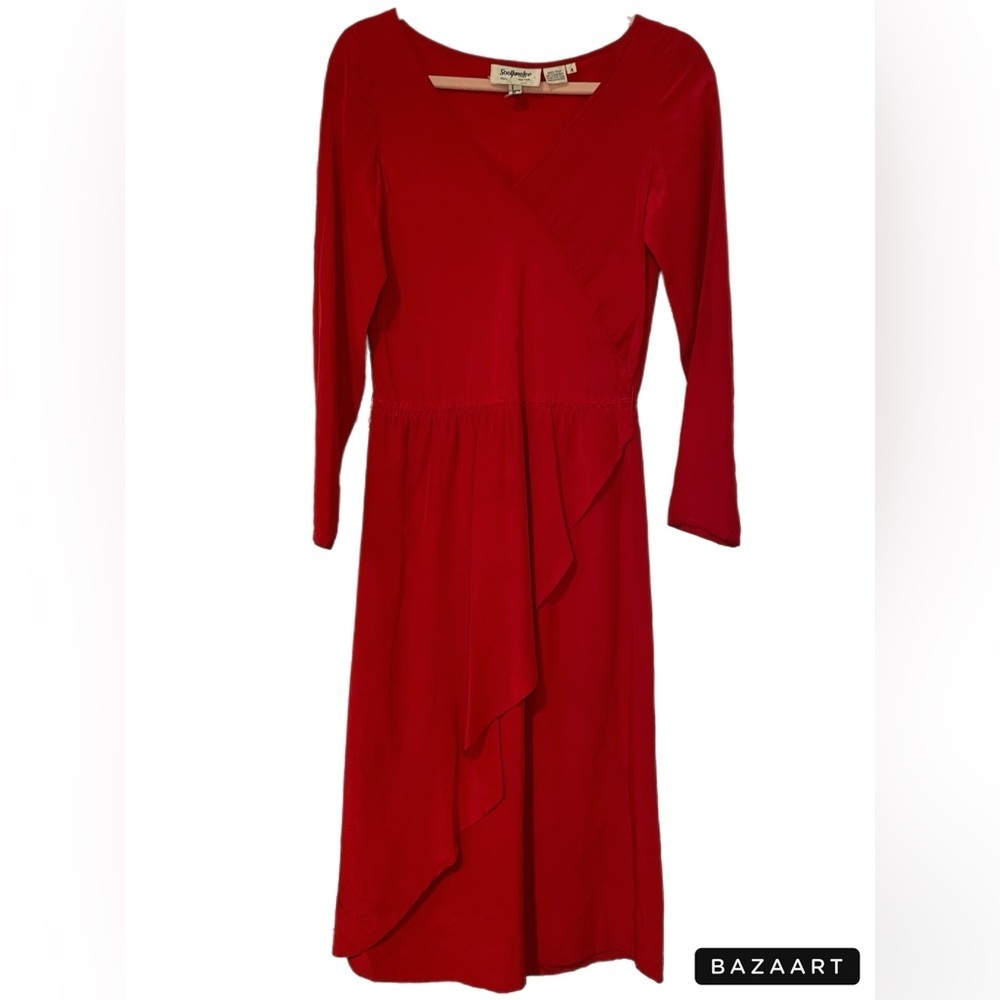Soo Yung Lee 100% silk red long sleeve ruffle dress VINTAGE elastic waist PP